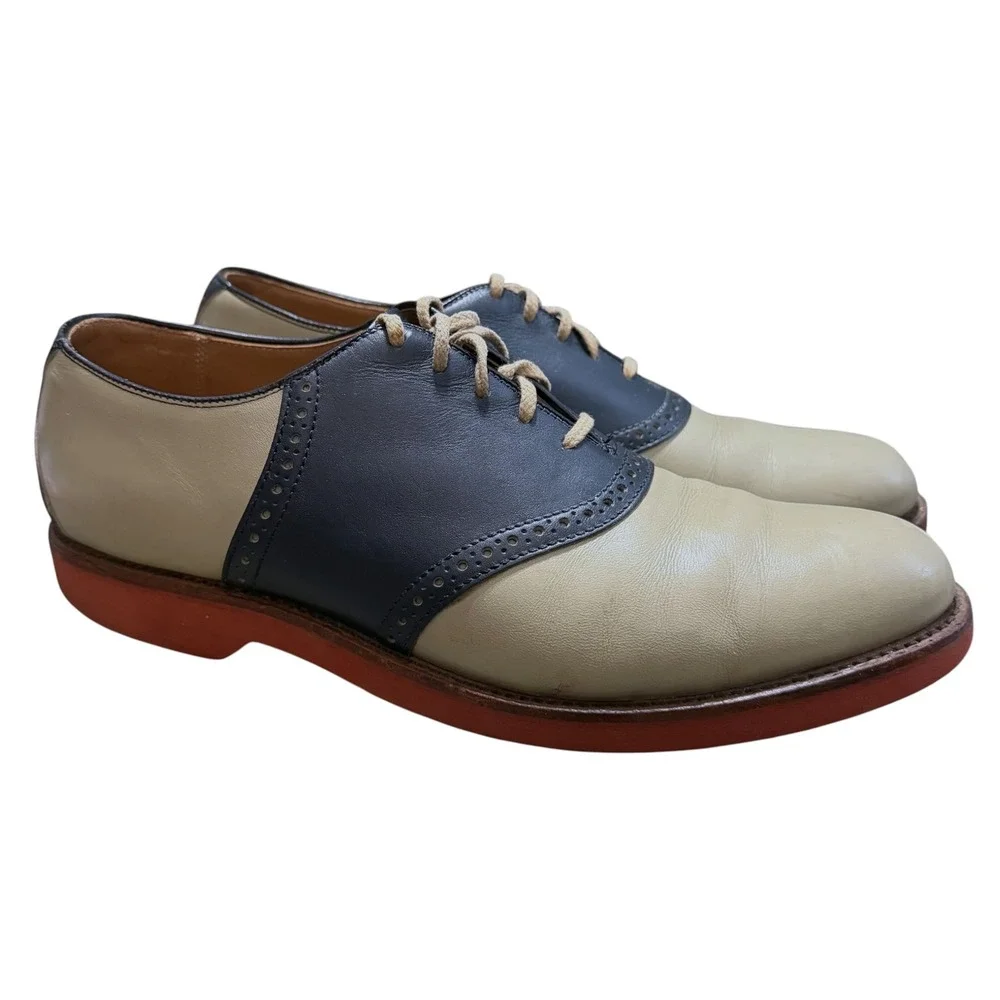 Cole Haan Mens 11 D Saddle Shoes Beige Navy Blue Leather USA Made 16084
